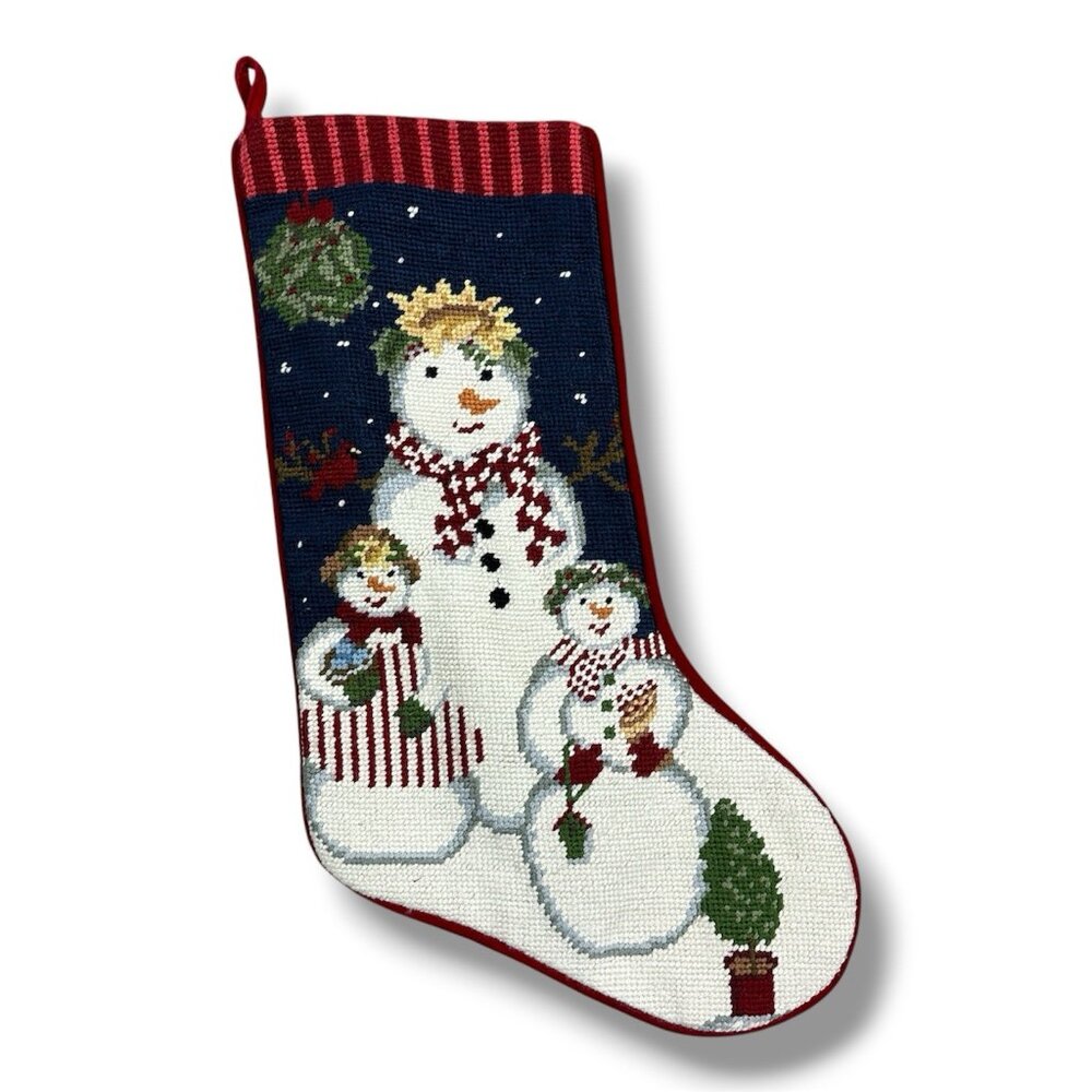 Vtg Snowmen Family Needlepoint Stocking Christmas 19” Red Velvet Back Stripes